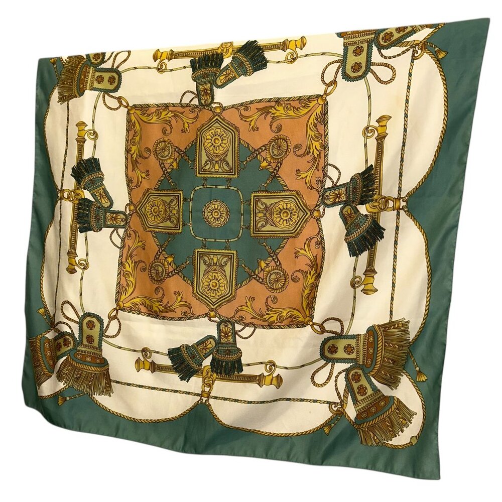 teal gold Italy vintage baroque tassels print scarf